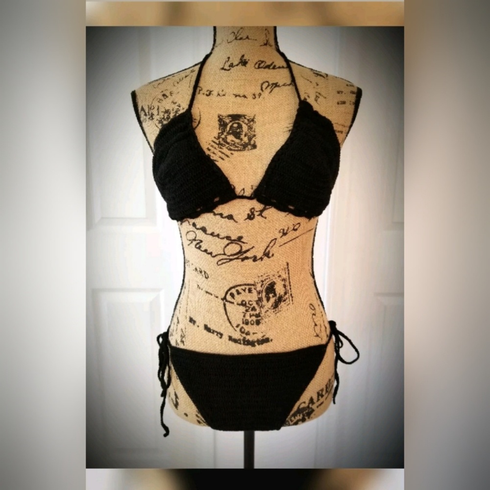 Sexy bikini crochet black bathing suit Large